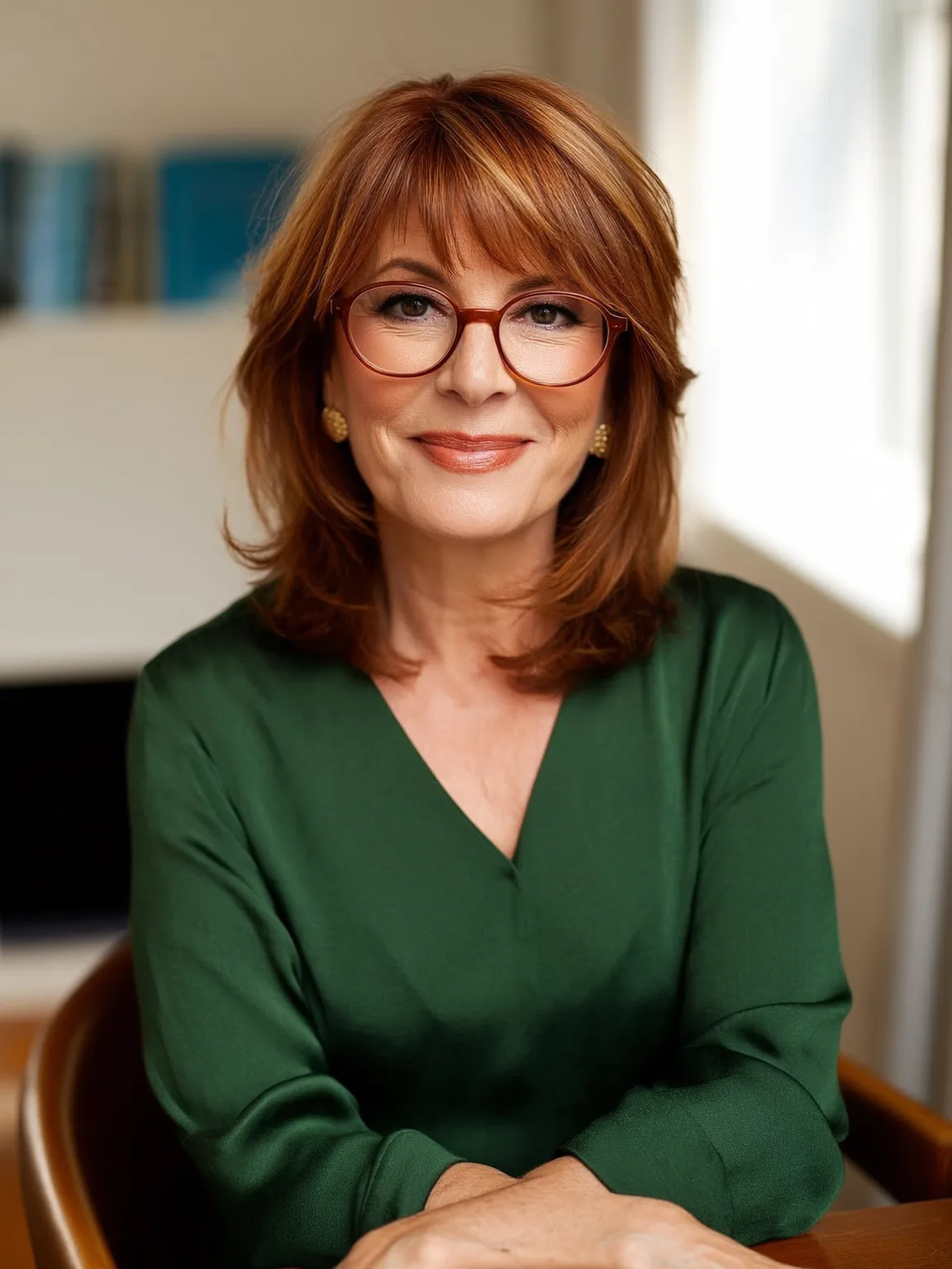Shoulder-Length Straight Warm Copper Brown Bob with Wispy Bangs